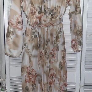 Pure Collection Floral Long Sleeve Dress in Cream and Tan